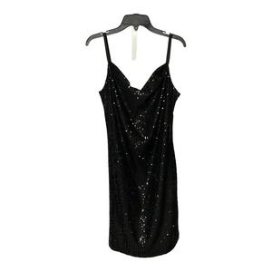 NWT Marina Mini Dress 6 Black Sequin Party Cocktail Sleeveless Drape Neck Chic